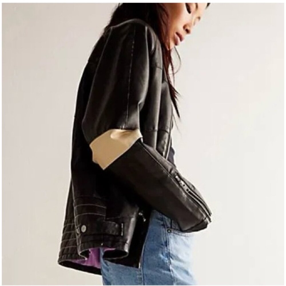 Free People We The Free Ryder Sport Vegan Moto Jacket Medium Black & Off White F